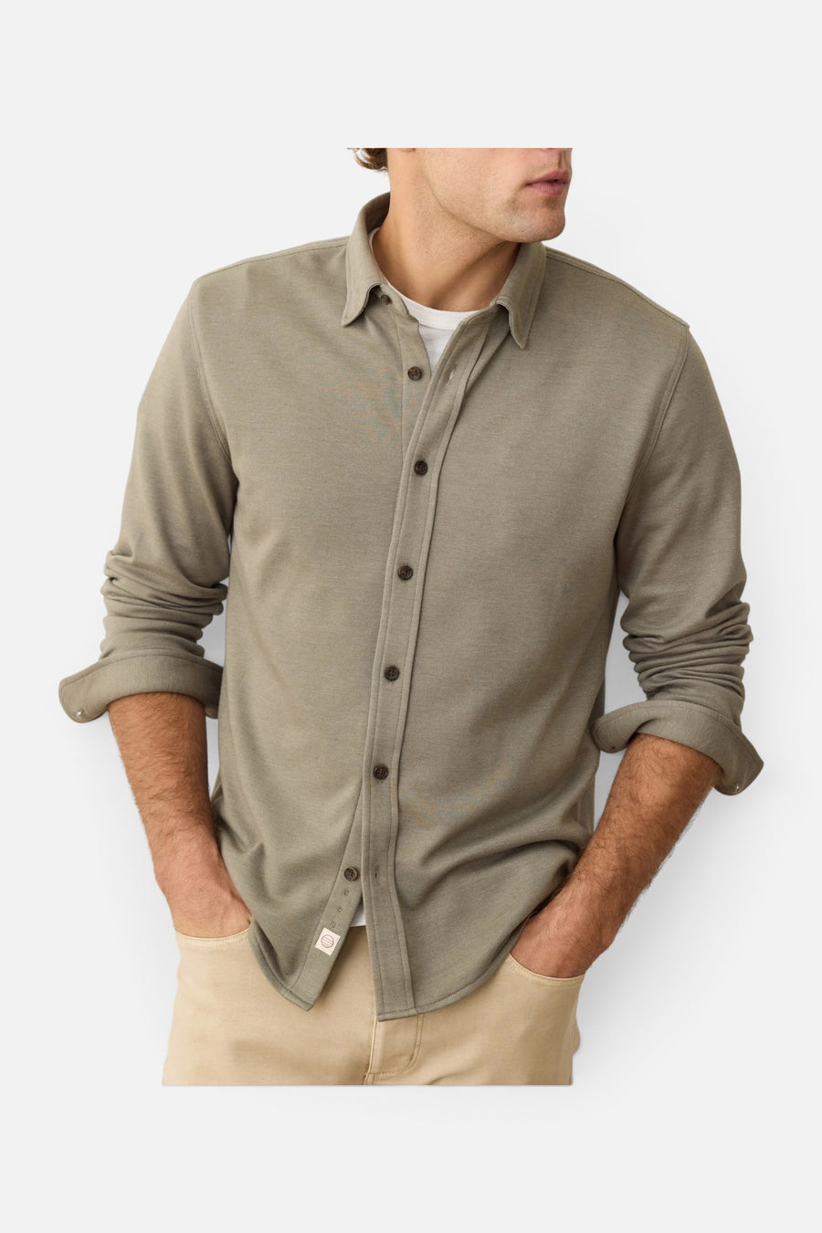 Marine Layer Pacifica Stretch Twill Shirt in Vetiver – back view
