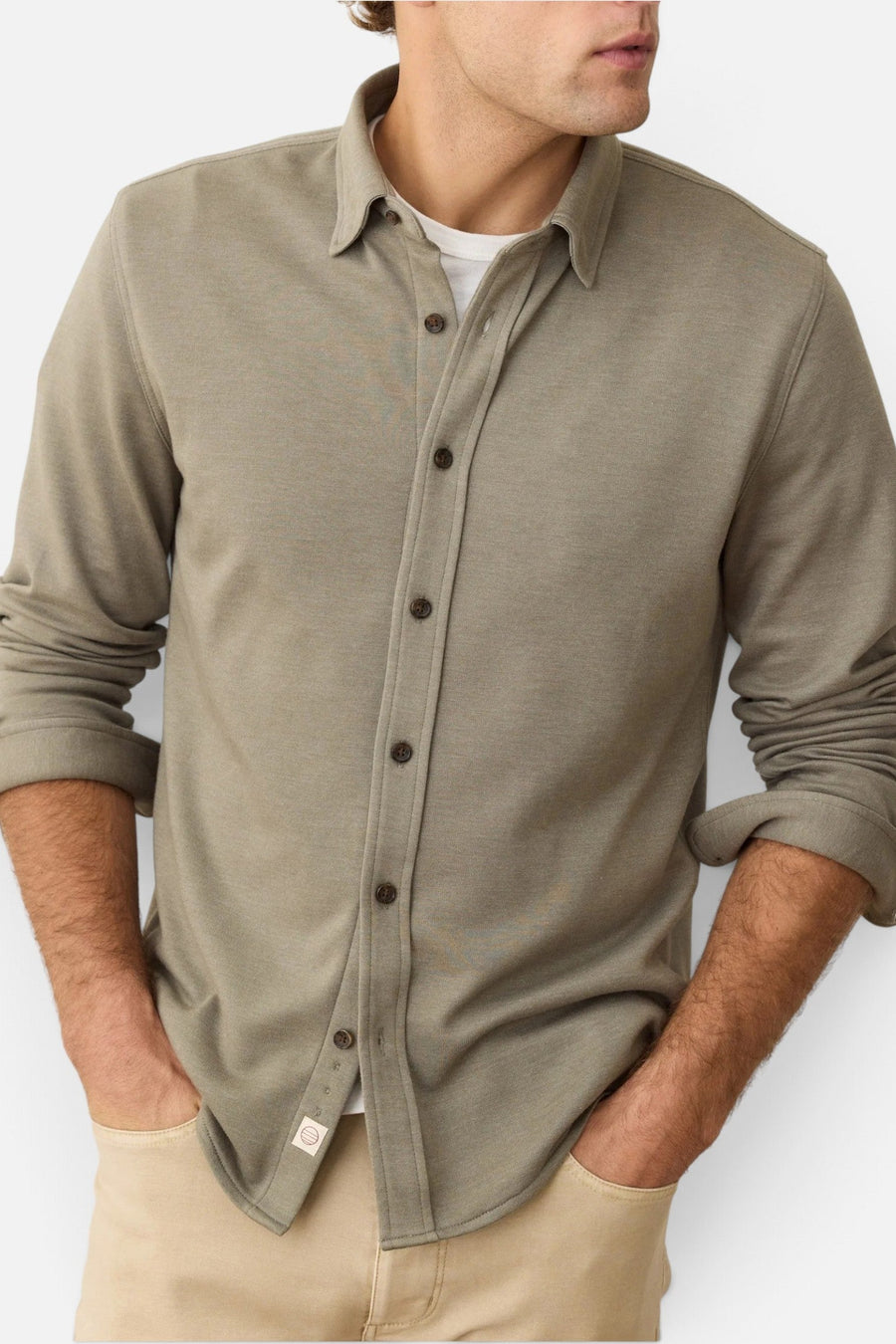 Marine Layer Pacifica Stretch Twill Shirt in Vetiver – back view
