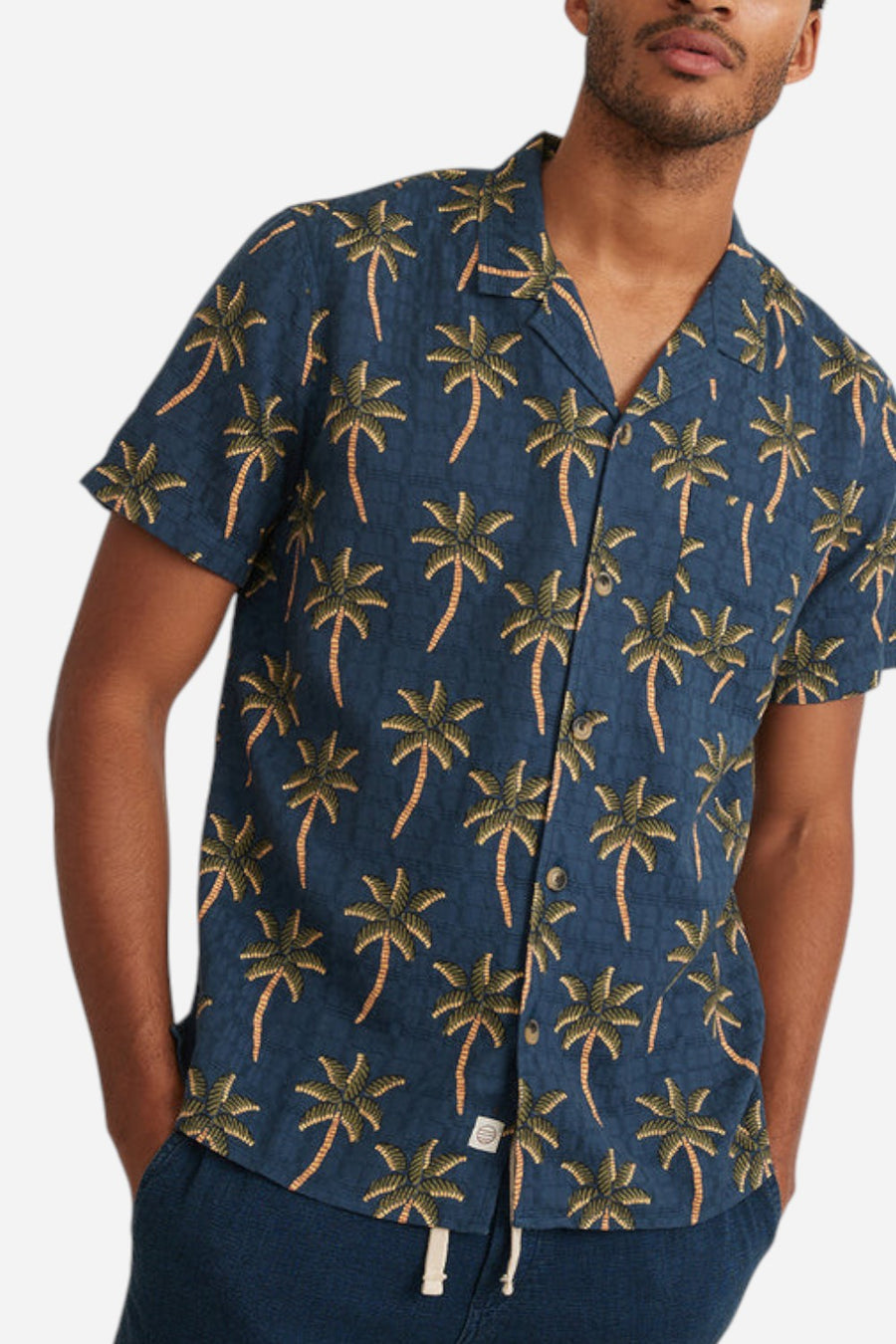 Marine Layer Short Sleeve Atlas Textured Shirt in Navy Palm Print – front view