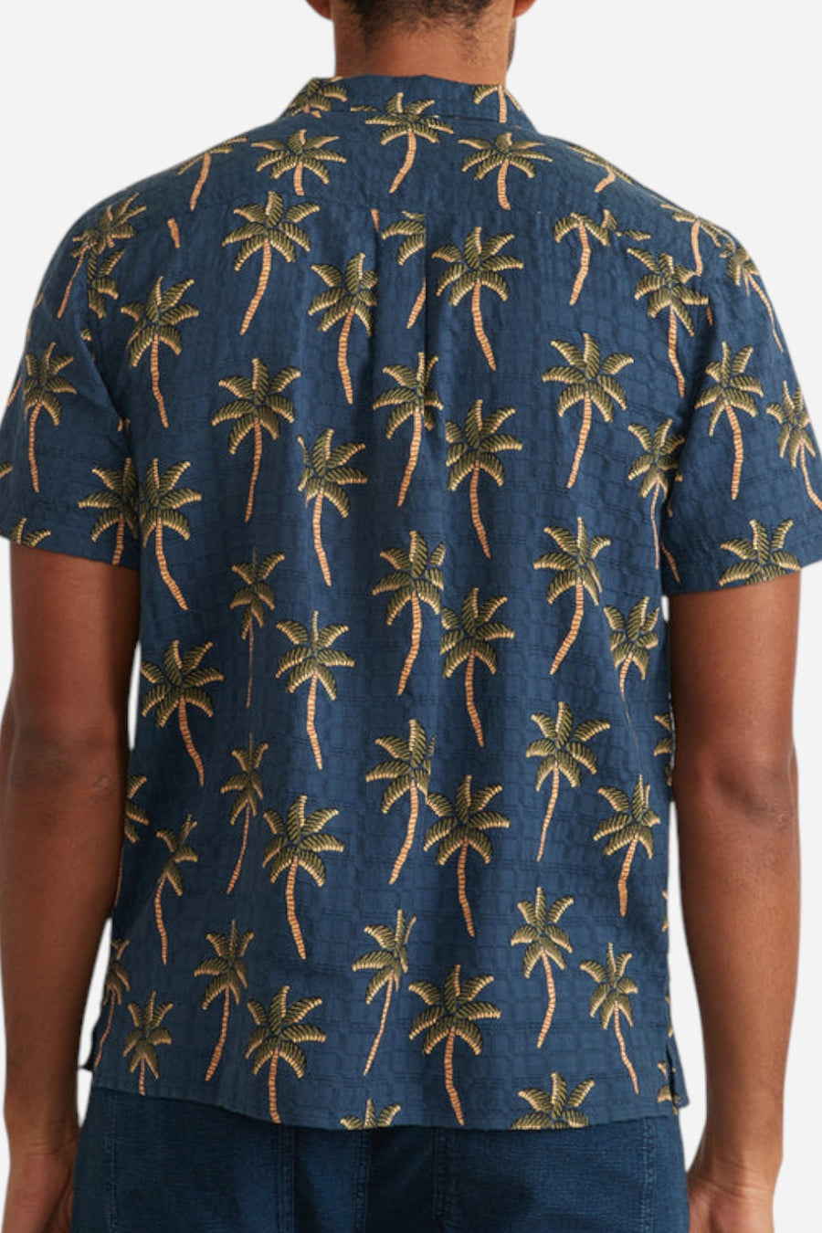 Marine Layer Short Sleeve Atlas Textured Shirt in Navy Palm Print – side view