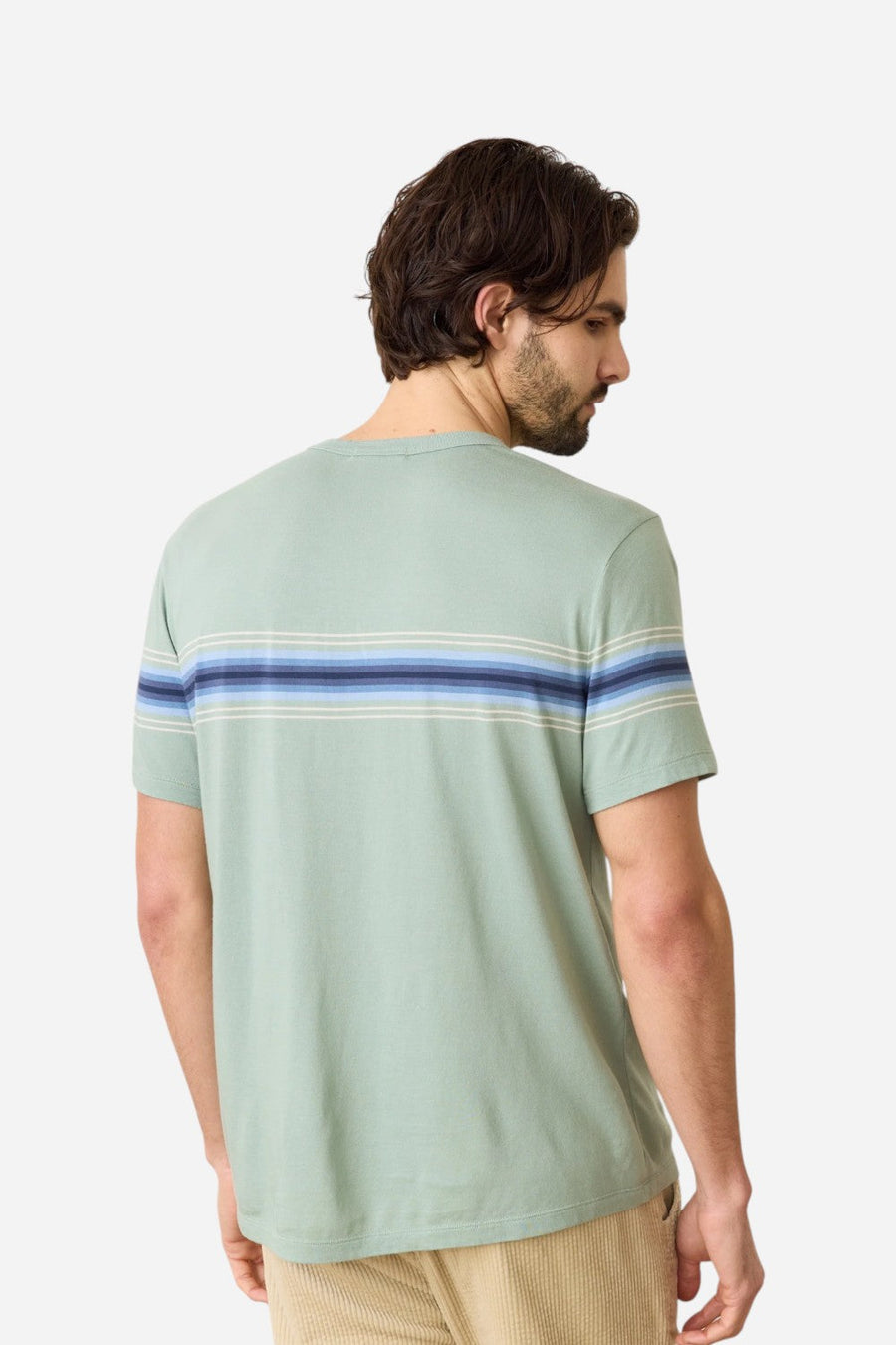 Marine Layer Signature Crew Stripe Tee in Iceberg Green – side view