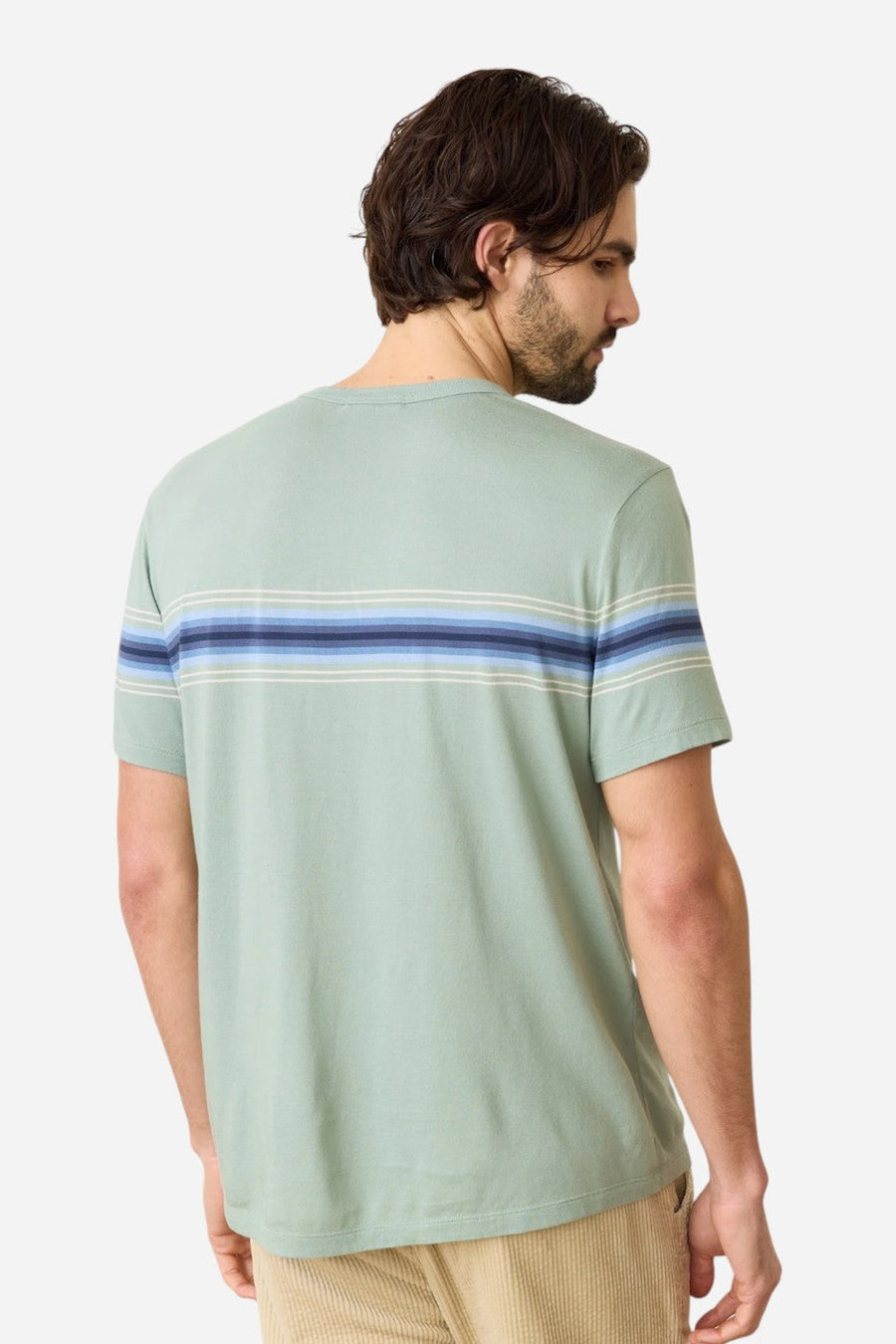 Marine Layer Signature Crew Stripe Tee in Iceberg Green – side view