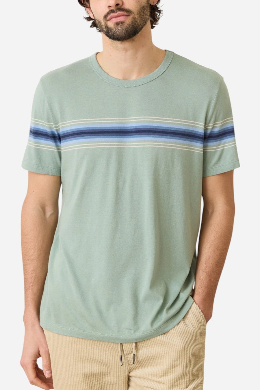 Marine Layer Signature Crew Stripe Tee in Iceberg Green – side view