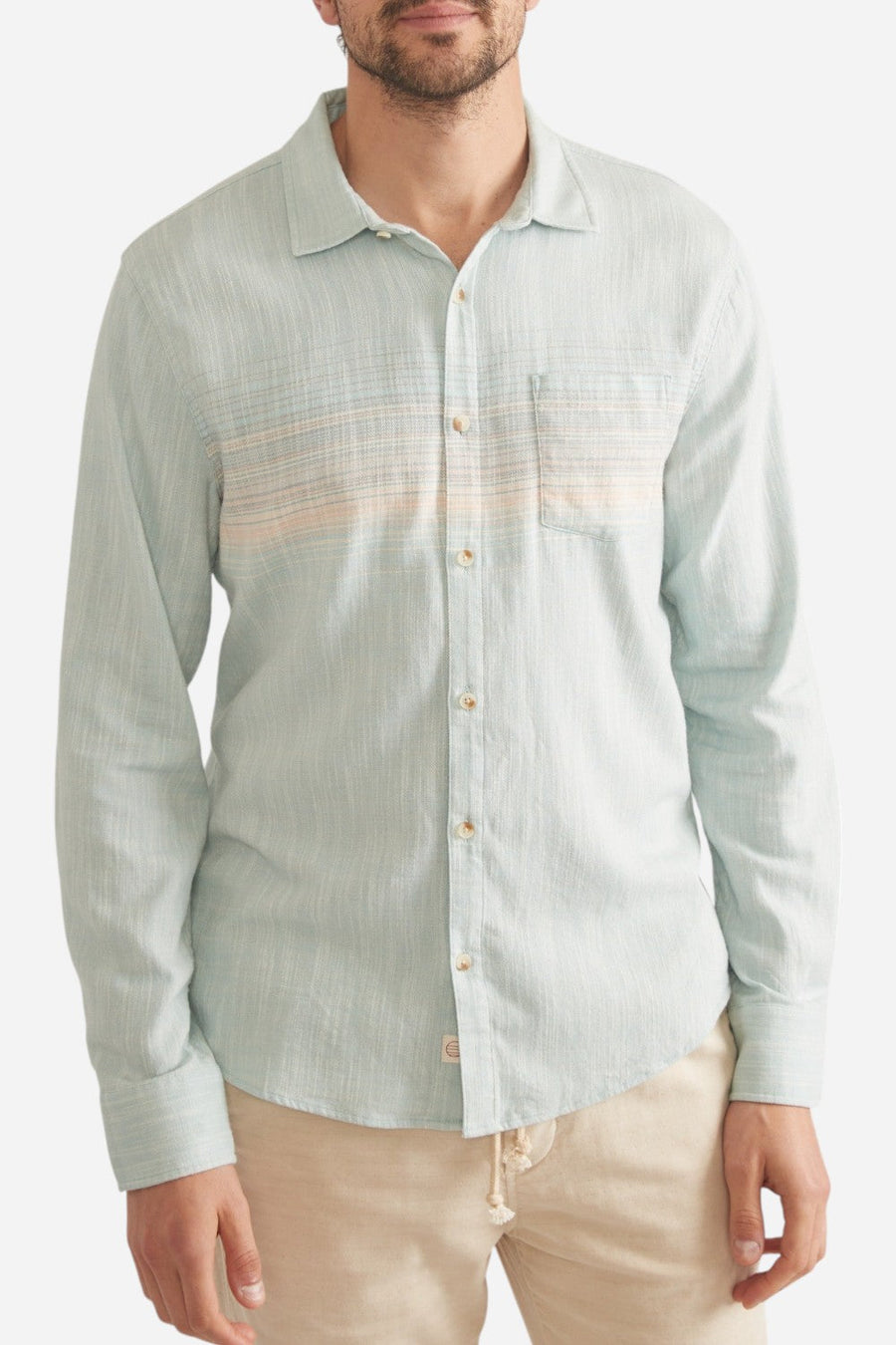 Marine Layer Stretch Selvage Classic Long-Sleeve in Blue Pink Stripe – back view