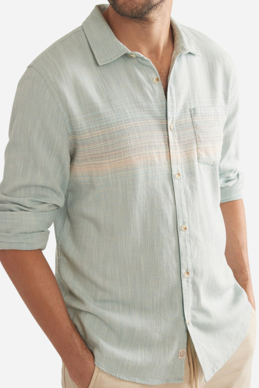 Marine Layer Stretch Selvage Classic Long-Sleeve in Blue Pink Stripe – front view