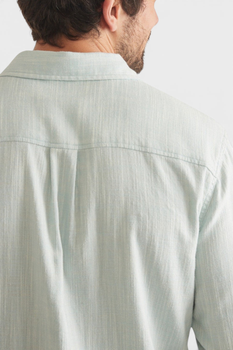 Marine Layer Stretch Selvage Classic Long-Sleeve in Blue Pink Stripe – side view