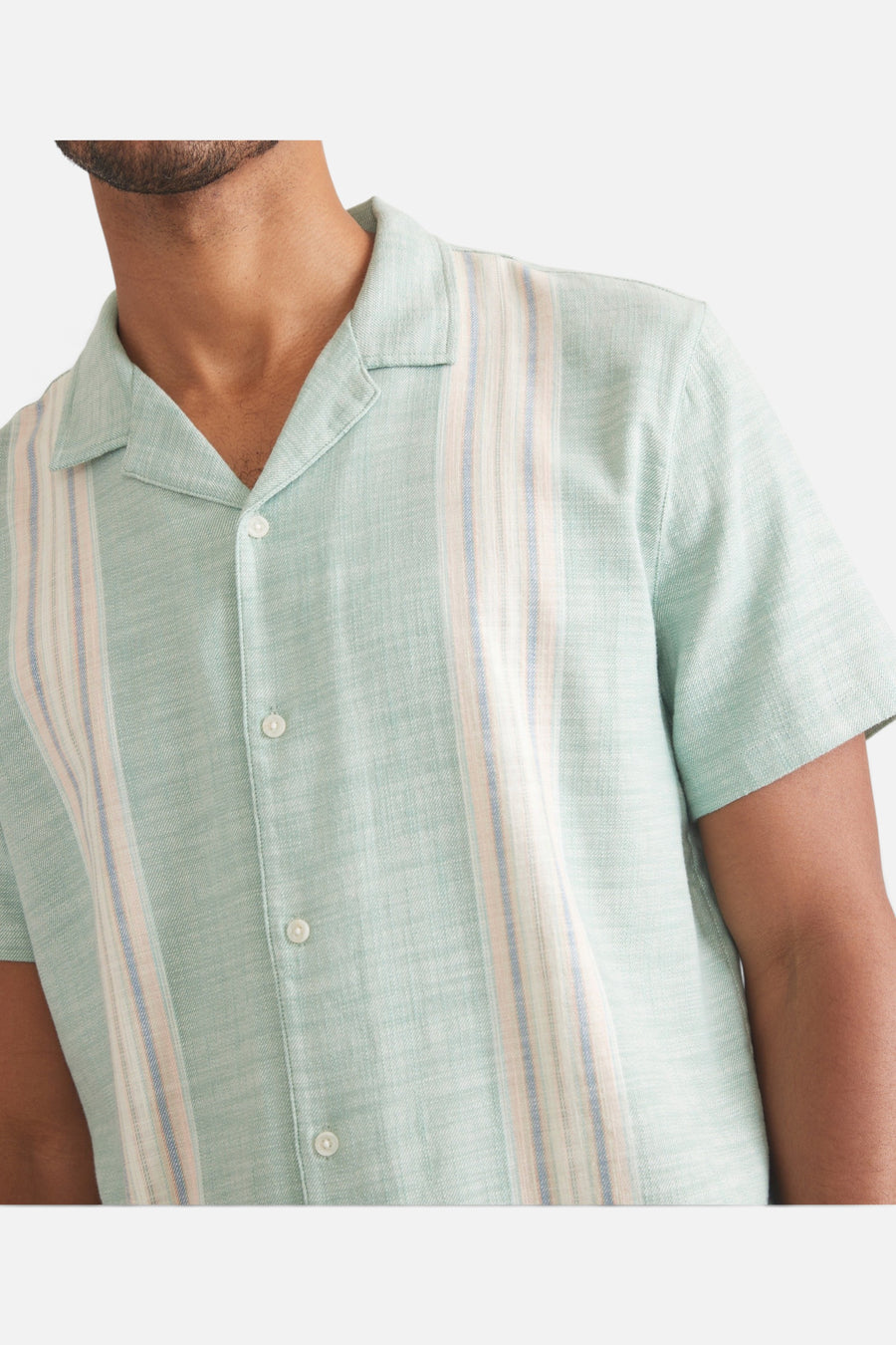 Marine Layer Stretch Selvage Resort Shirt in Malachite Multi Stripe – detail
