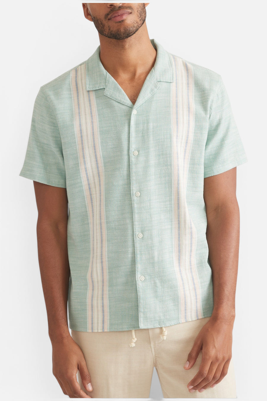 Marine Layer Stretch Selvage Resort Shirt in Malachite Multi Stripe – side view
