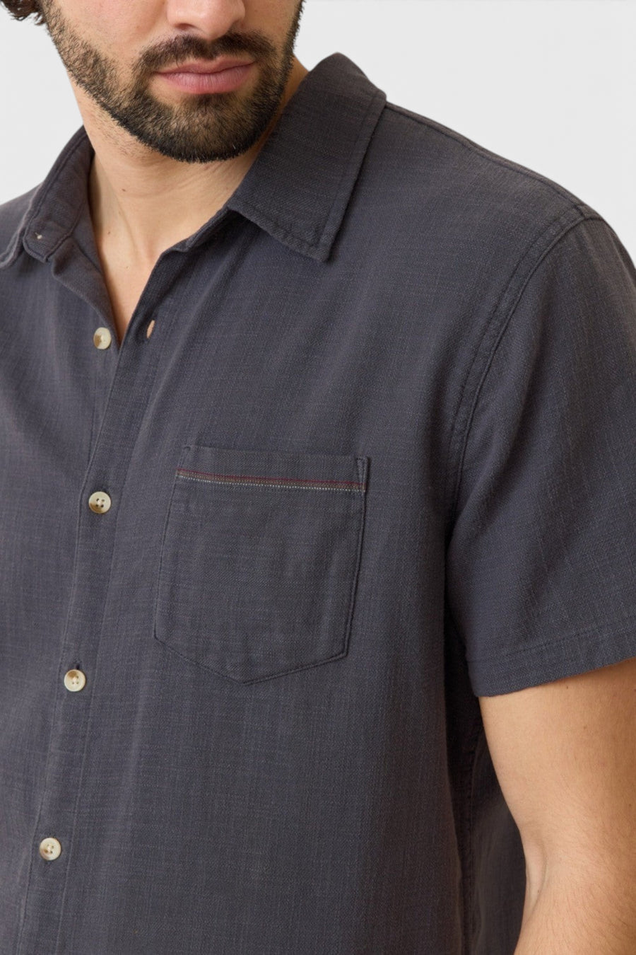 Marine Layer Stretch Selvage Short Sleeve Shirt in India Ink – detail