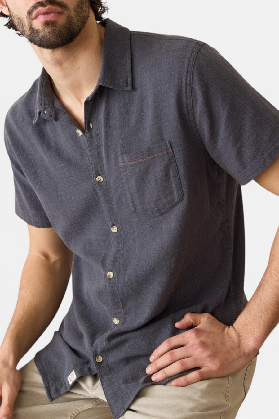 Marine Layer Stretch Selvage Short Sleeve Shirt in India Ink – flat lay
