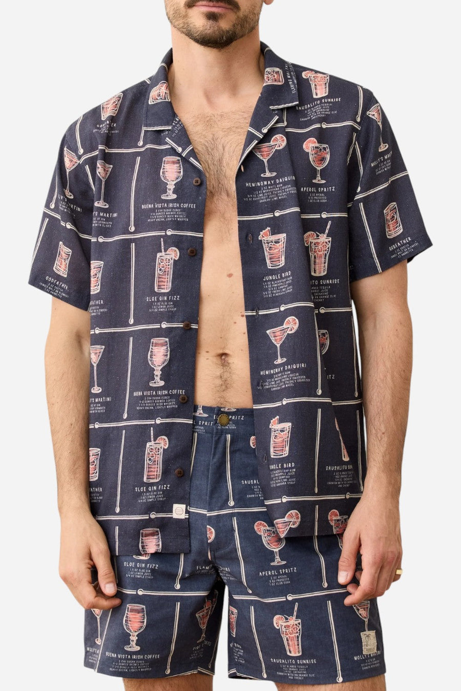 Marine Layer Tencel Linen Resort in Navy Happy Hour Print – back view