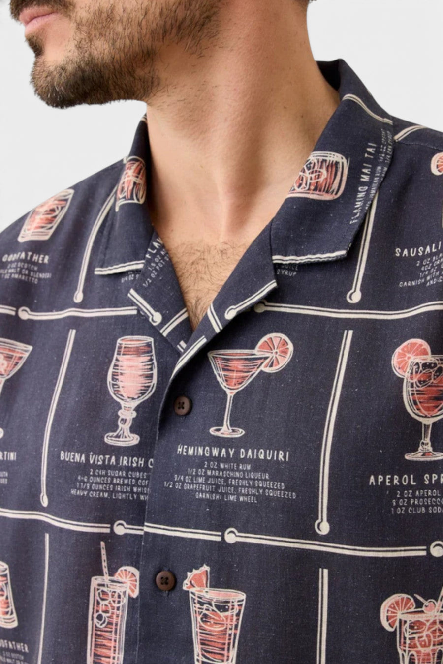 Marine Layer Tencel Linen Resort in Navy Happy Hour Print – detail