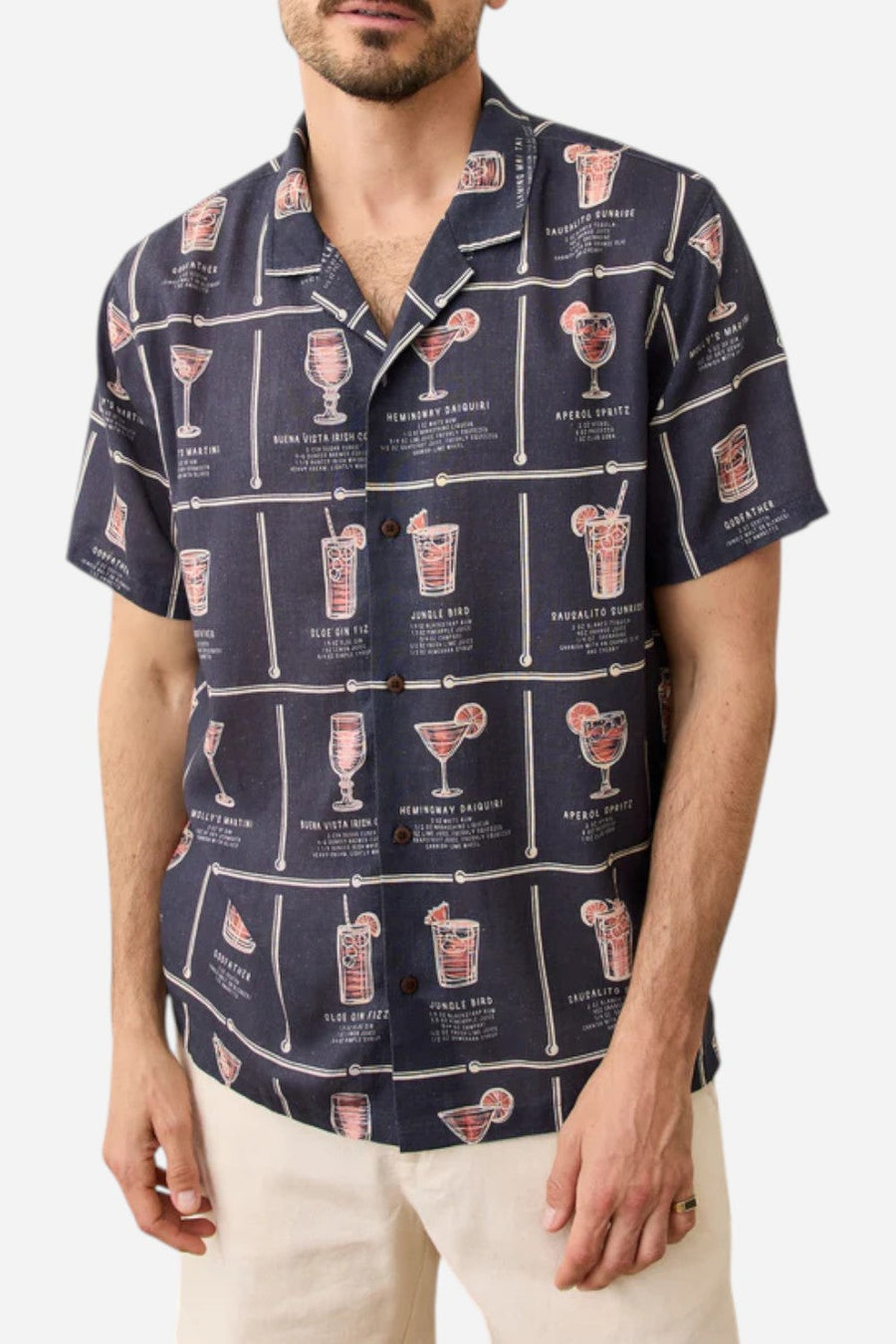 Marine Layer Tencel Linen Resort in Navy Happy Hour Print – flat lay