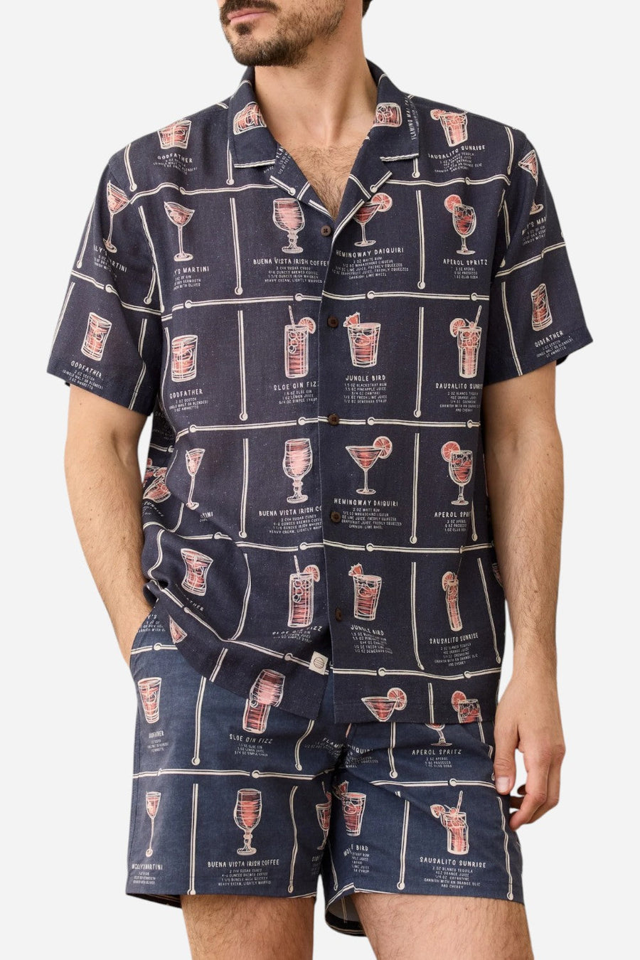 Marine Layer Tencel Linen Resort in Navy Happy Hour Print – side view