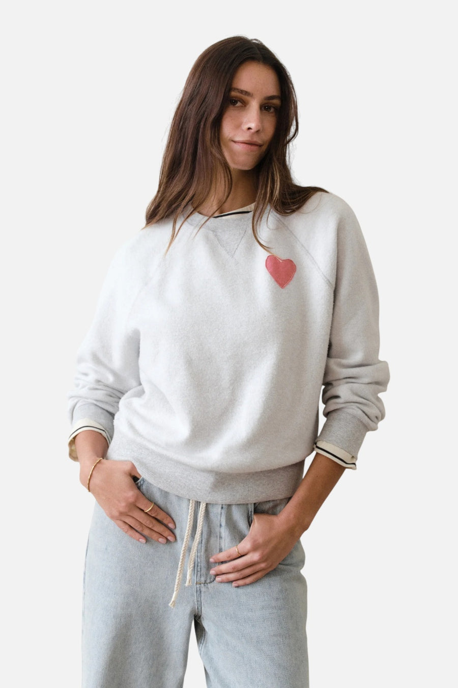 Marine Layer Women's Cloud 9 Fleece Reversible Crewneck in Heather Grey – on model