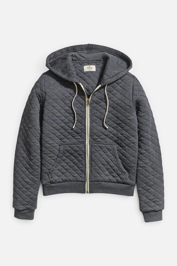 Marine Layer Women's Corbet Quilted Full Zip Hoodie in Dark Heather Grey