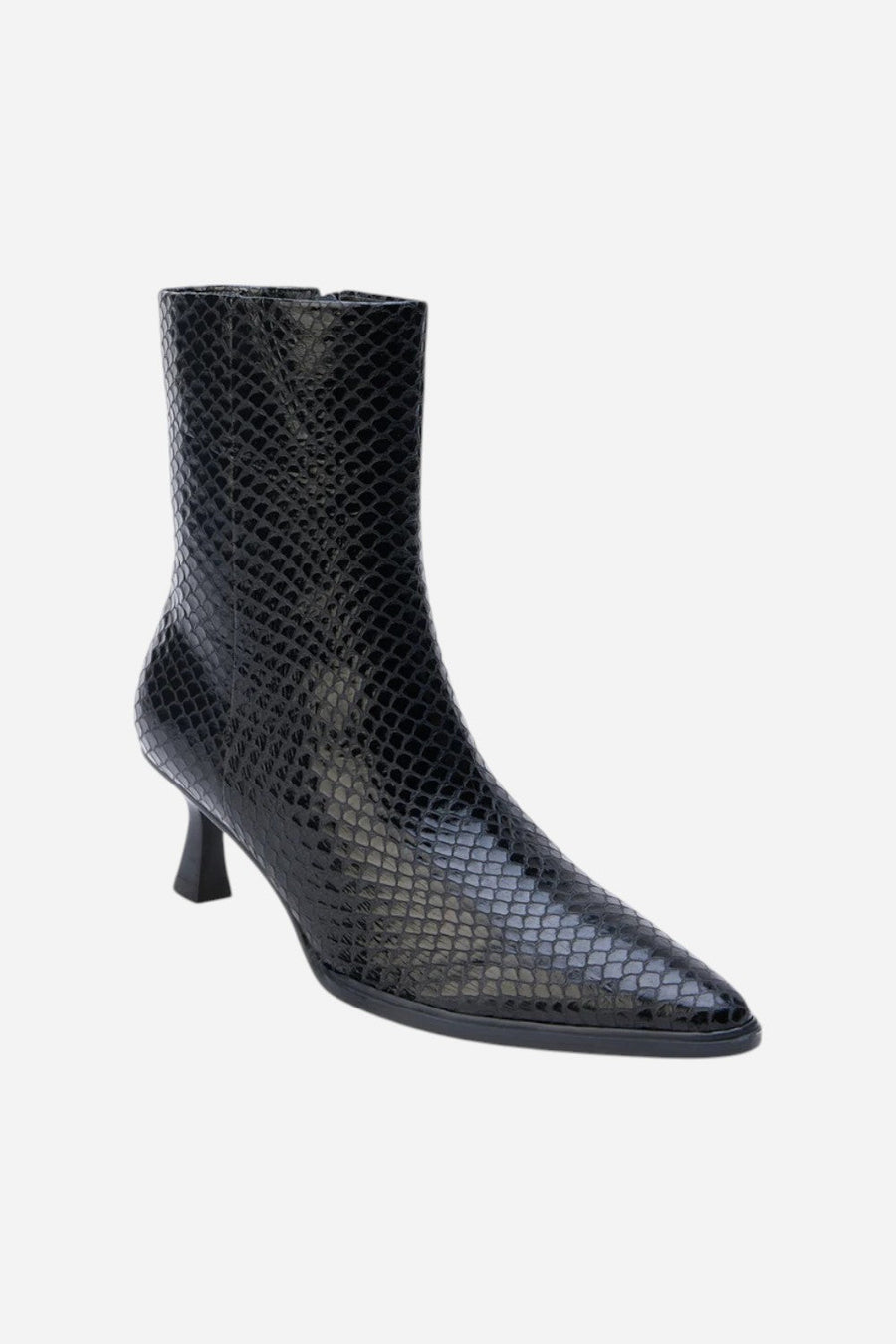 Matisse Gabbie Kitten Heel Bootie in Black/Snake – back view