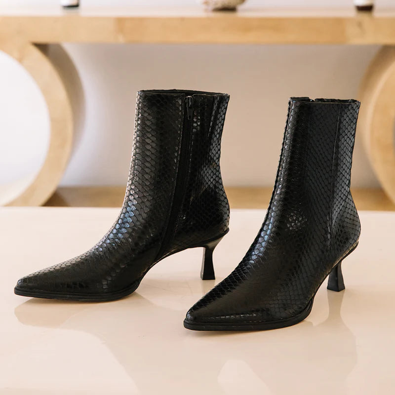 Matisse Gabbie Kitten Heel Bootie in Black/Snake – flat lay