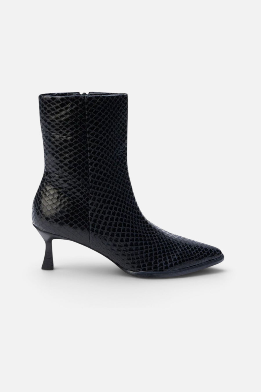 Matisse Gabbie Kitten Heel Bootie in Black/Snake – side view