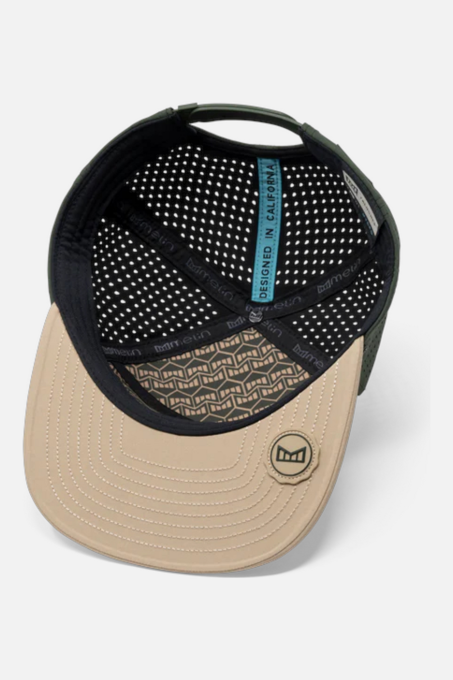 Melin Trenches Icon Hydro Flat Bill Hat in Khaki & Kombu Green – flat lay