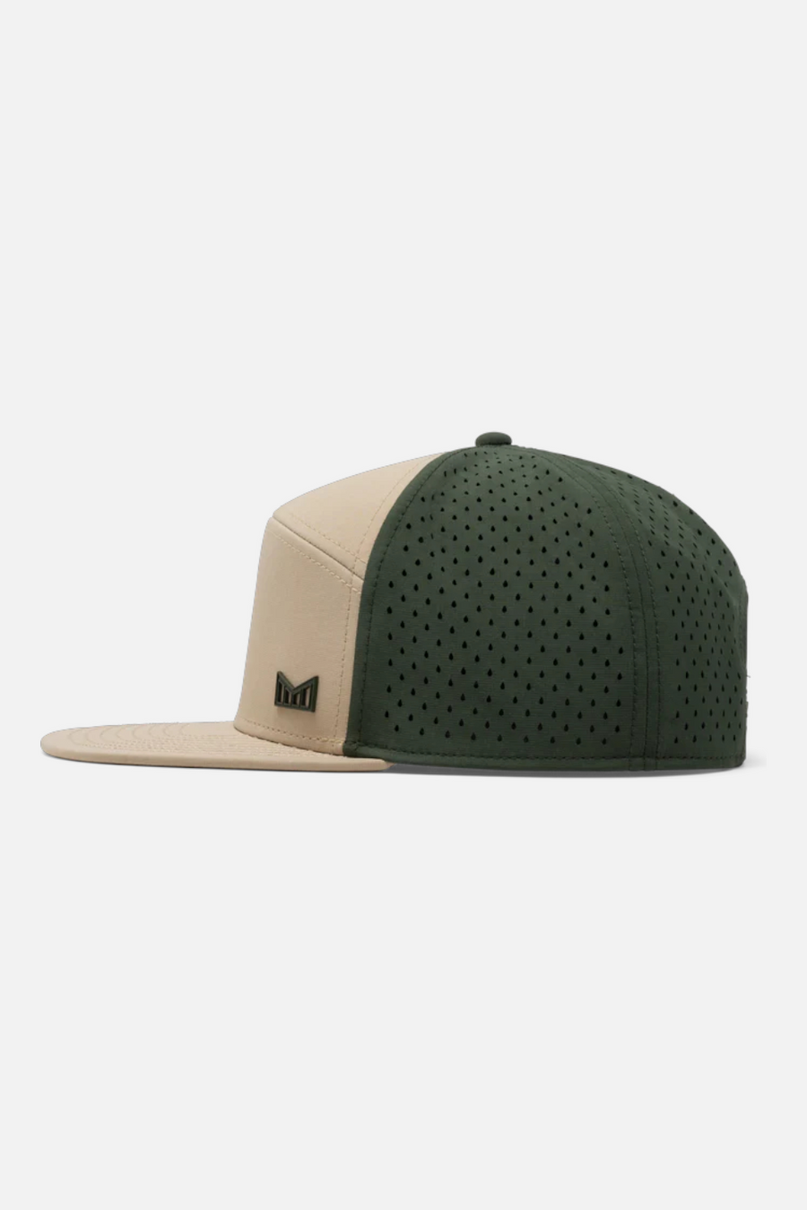 Melin Trenches Icon Hydro Flat Bill Hat in Khaki & Kombu Green – side view