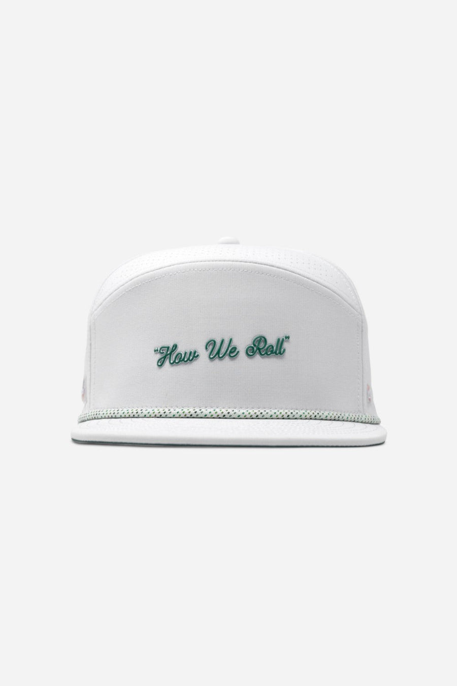 Melin Trenches Links Hydro Hat in White Green "How We Roll" – back view