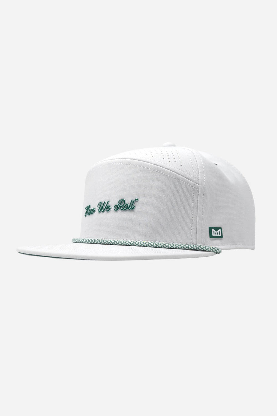 Melin Trenches Links Hydro Hat in White Green "How We Roll" – front view