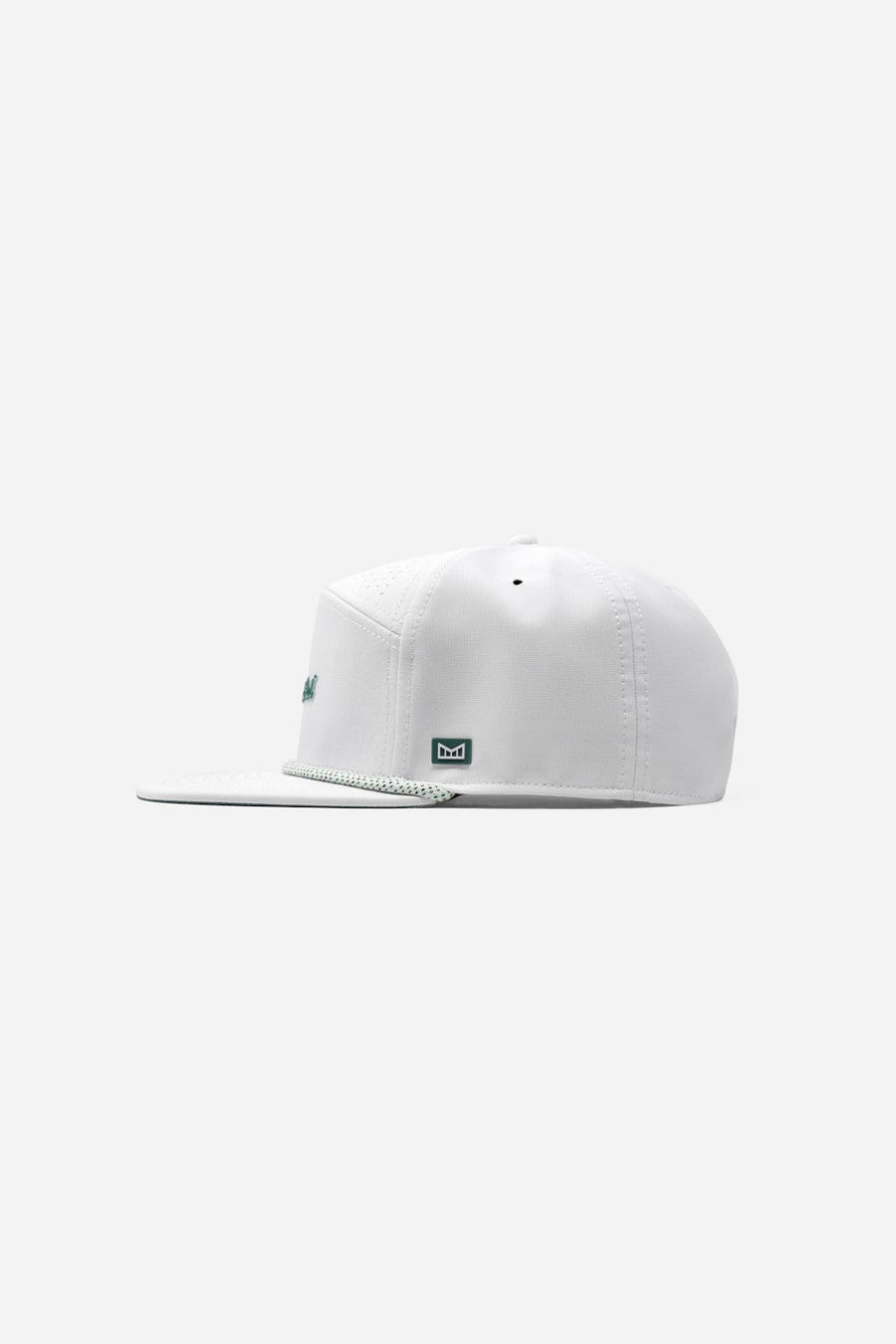 Melin Trenches Links Hydro Hat in White Green "How We Roll" – side view