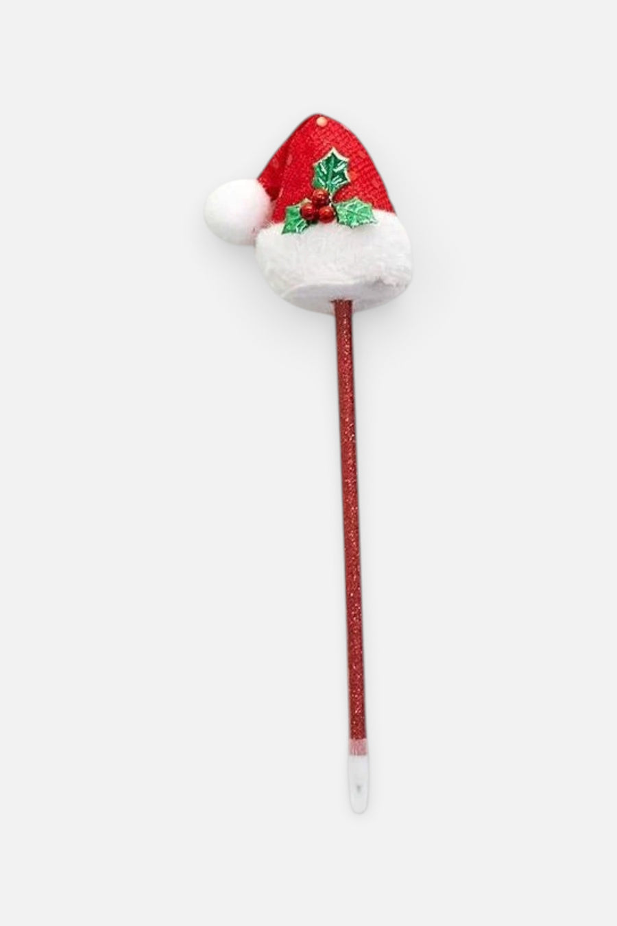 Merry & Bright Pen in Red Hat With Holly Leaf – front view