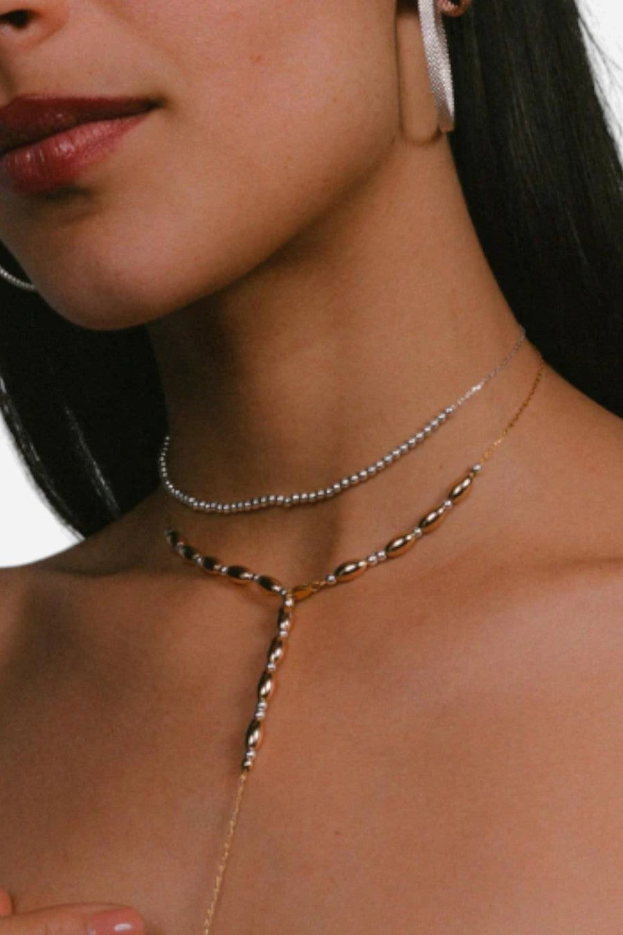 Metal Alchemist Dainty Round Alchemy Beaded Lasso Necklace - Silver – side view
