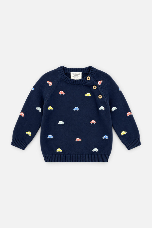 Mini Cars Embroidered Raglan Baby Pullover Sweater in Navy Blue