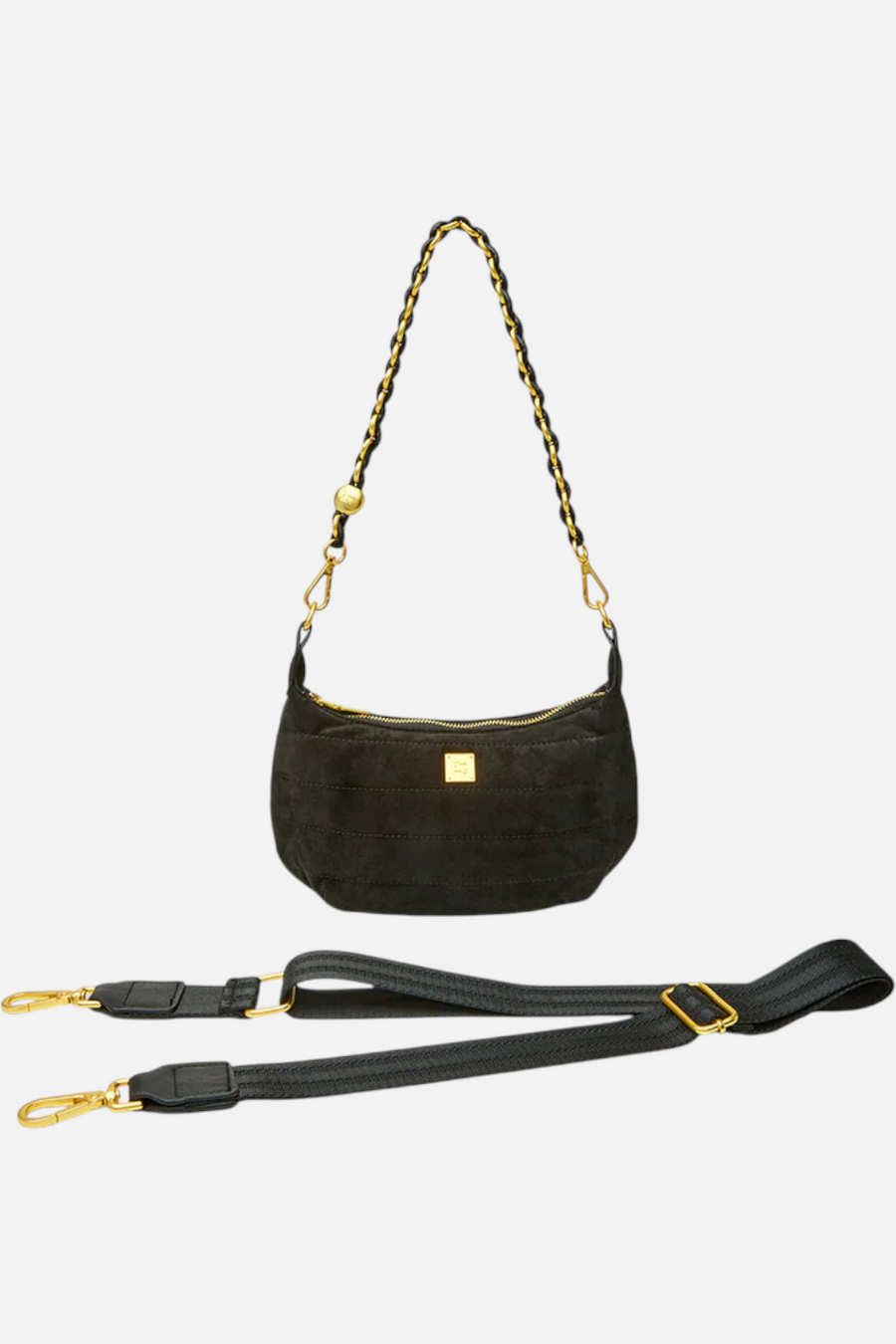Mini Moon Shoulder Bag in Black Luxe Suede – detail