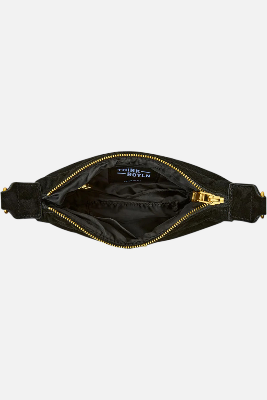 Mini Moon Shoulder Bag in Black Luxe Suede – flat lay