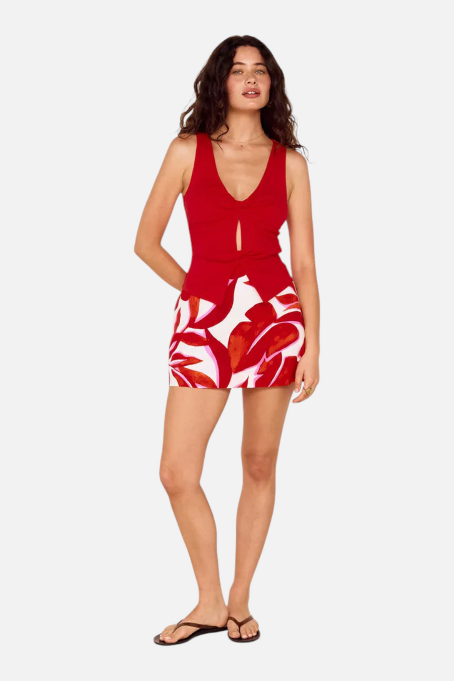 Mink Pink Ravelo Palm Print Mini Skirt in Red and White – back view