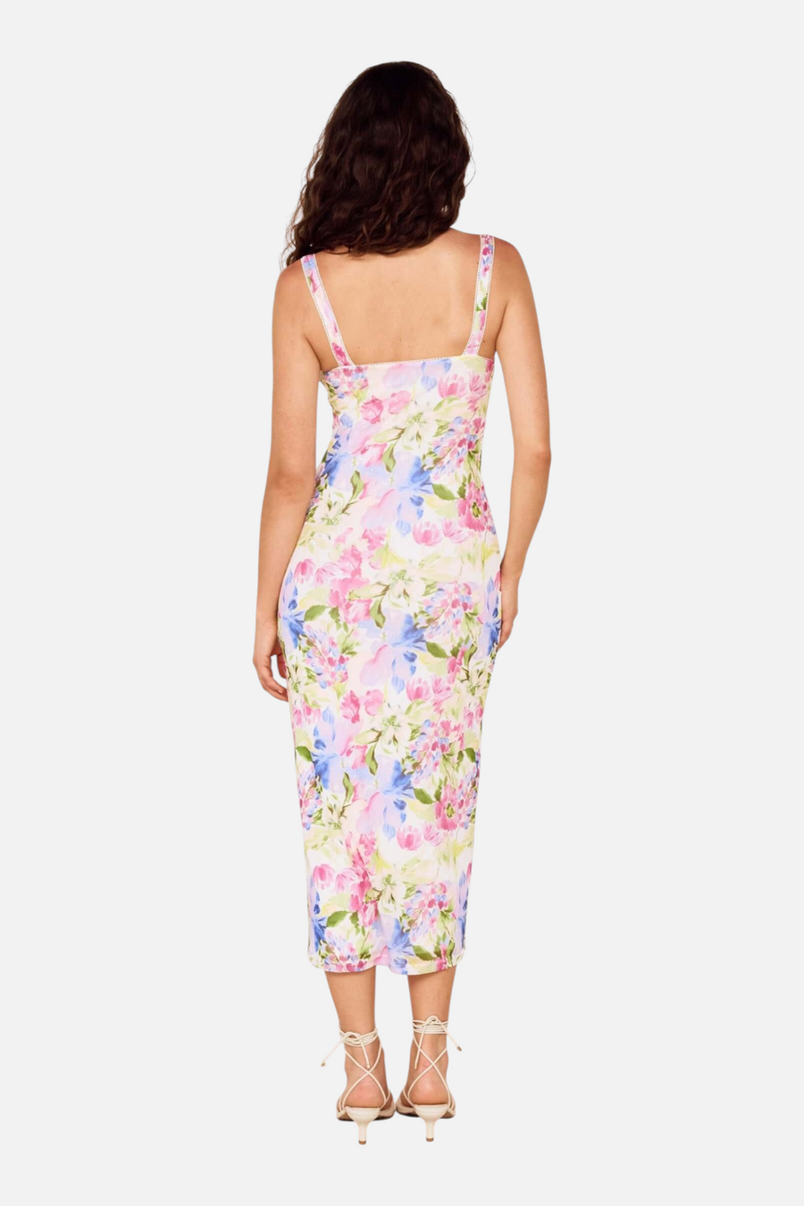 MINKPINK Celina Floral Mesh Midi Dress in Watercolor – flat lay