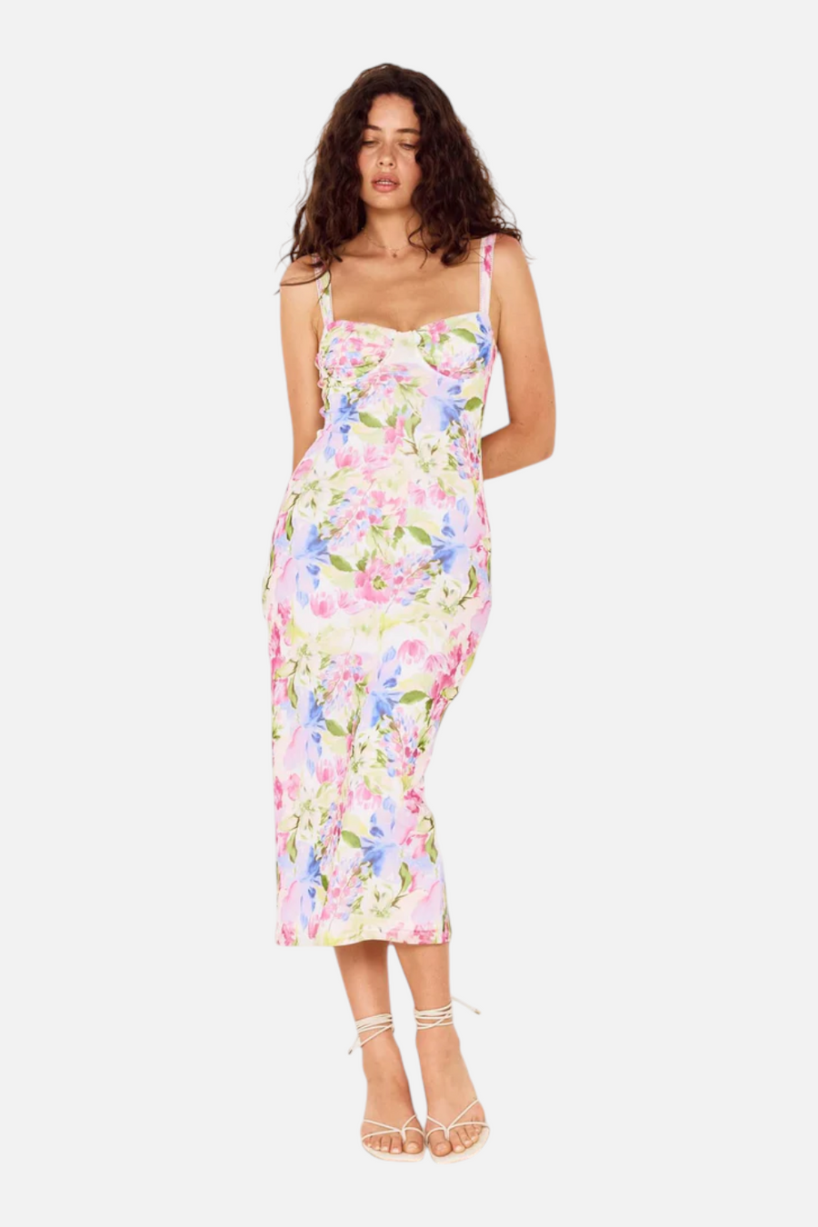 MINKPINK Celina Floral Mesh Midi Dress in Watercolor – side view