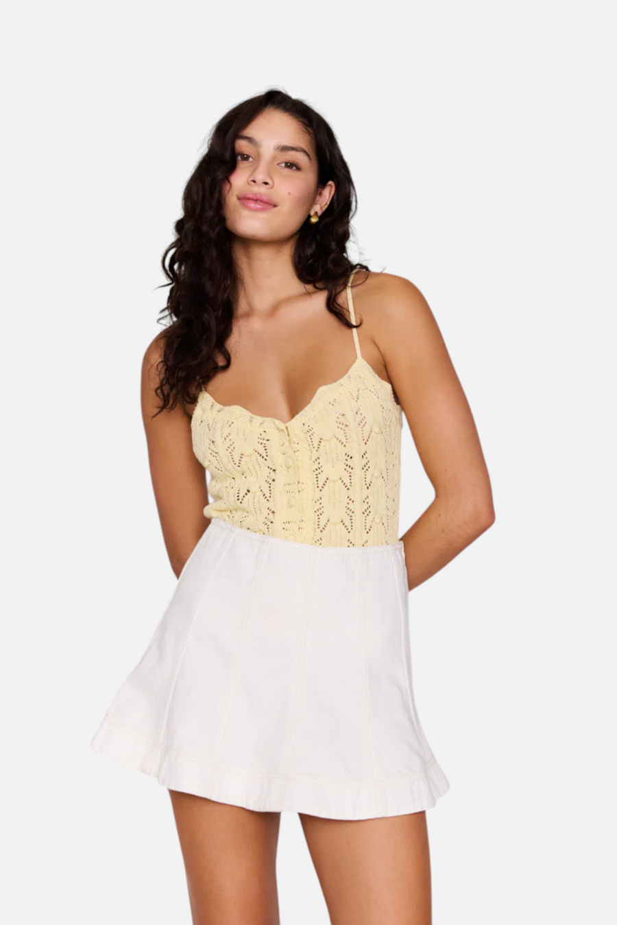 MINKPINK Cove Denim Mini Skirt in White – front view