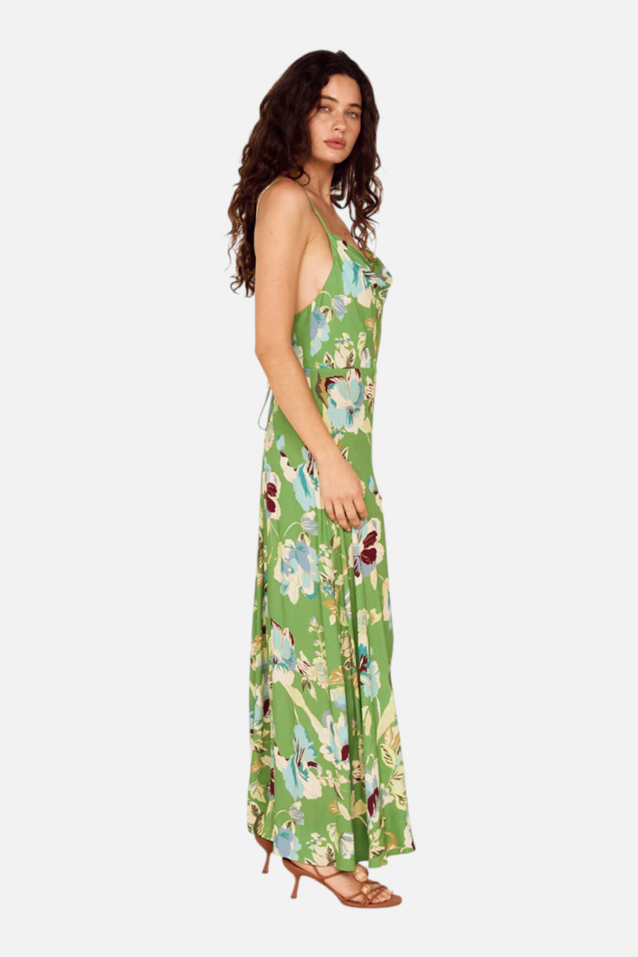 MINKPINK Cyprus Back Detail Maxi Dress in Green Floral – flat lay