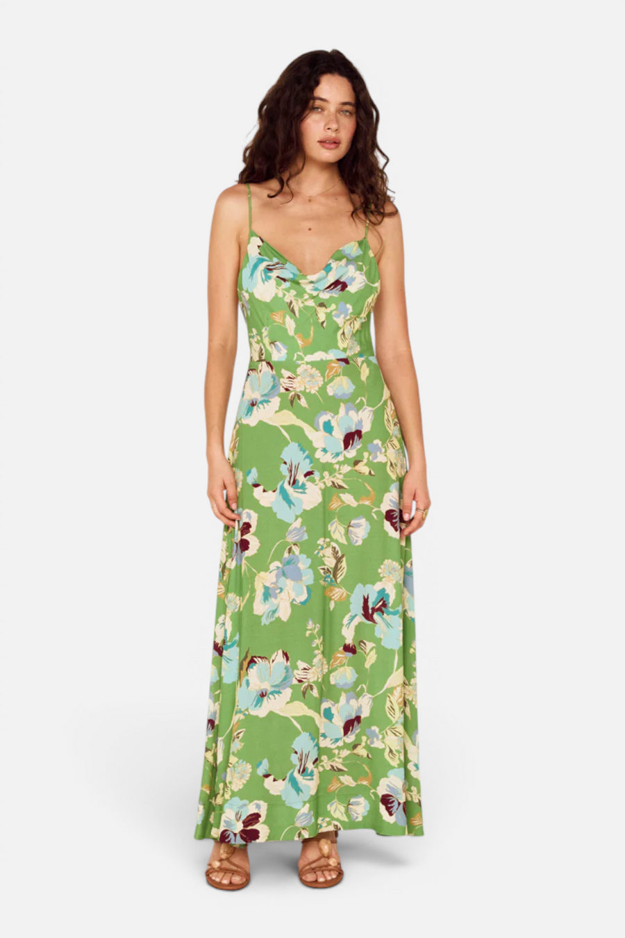 MINKPINK Cyprus Back Detail Maxi Dress in Green Floral – front view