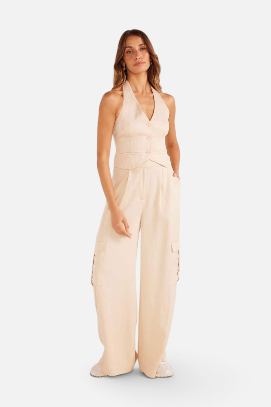 MinkPink Fabella Halter Vest in Beige – back view