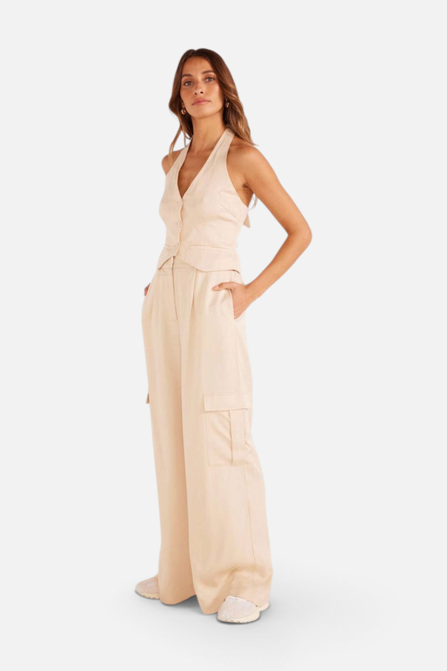 MinkPink Fabella Halter Vest in Beige – side view