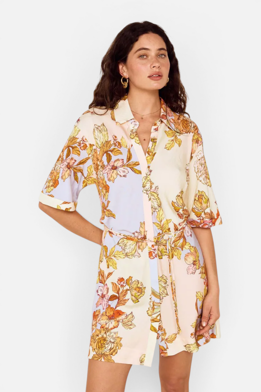 MINKPINK Fiore Mini Shirt Dress in Pastel Floral – front view