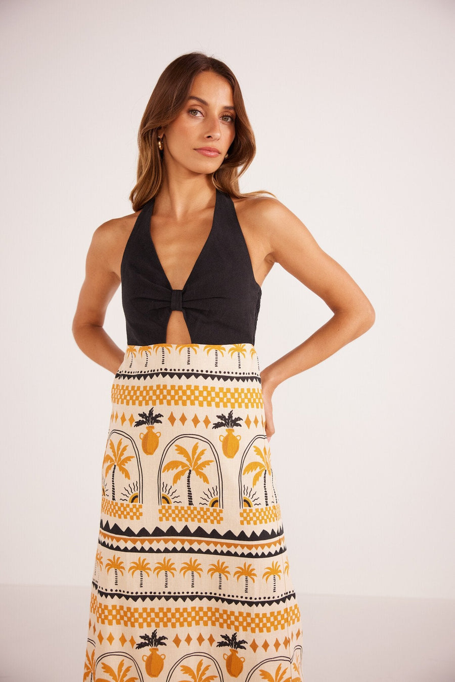 Minkpink Hestia Halter Neck Midi Dress in Ivory Gold – back view
