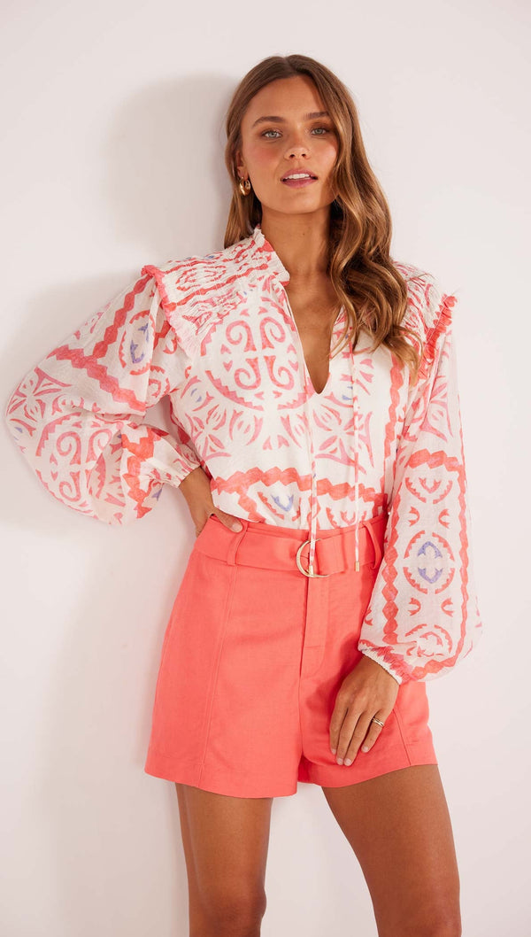 Minkpink Lila Belted Linen Shorts in Pink – back view