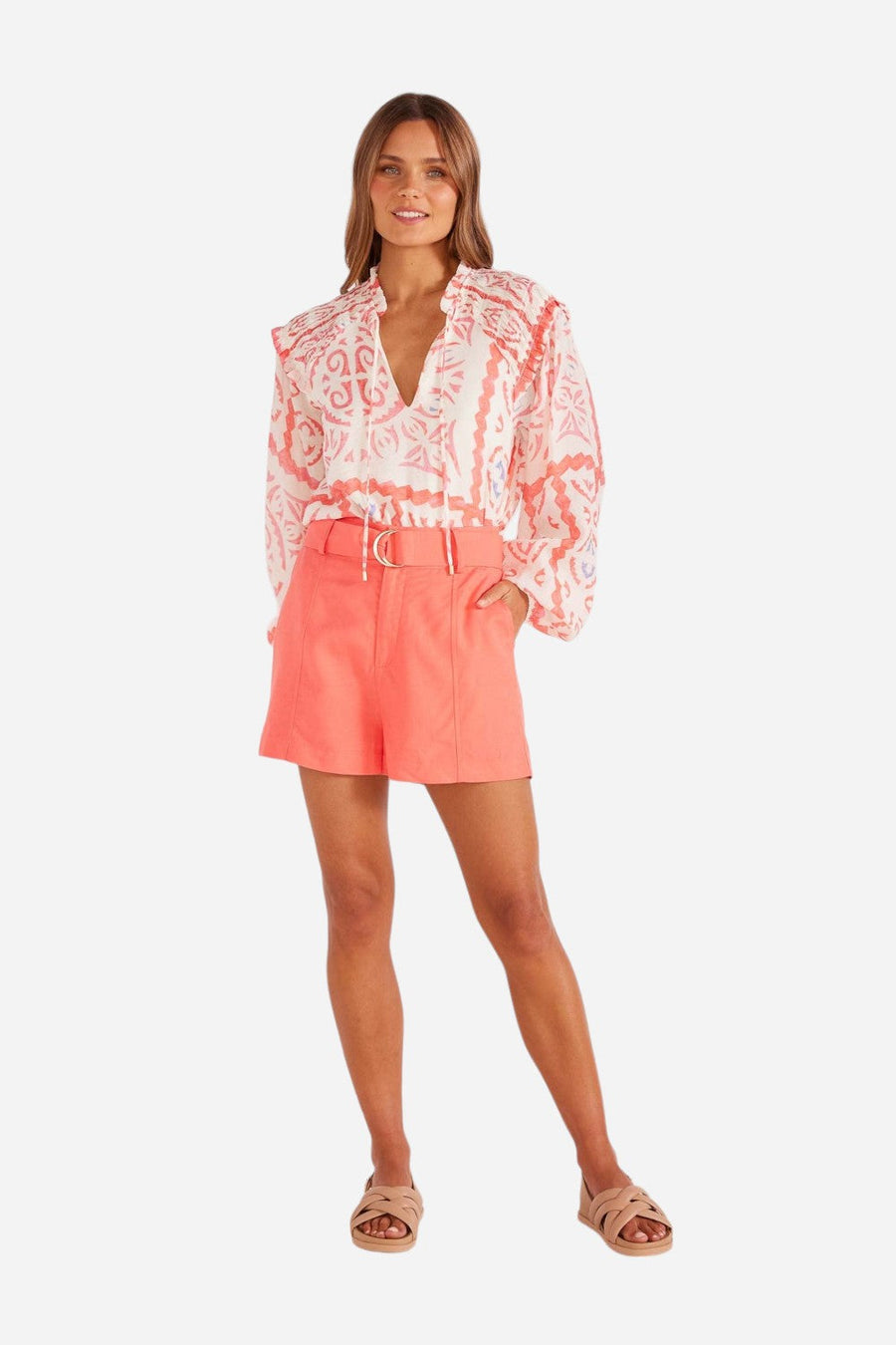 Minkpink Lila Belted Linen Shorts in Pink – front view