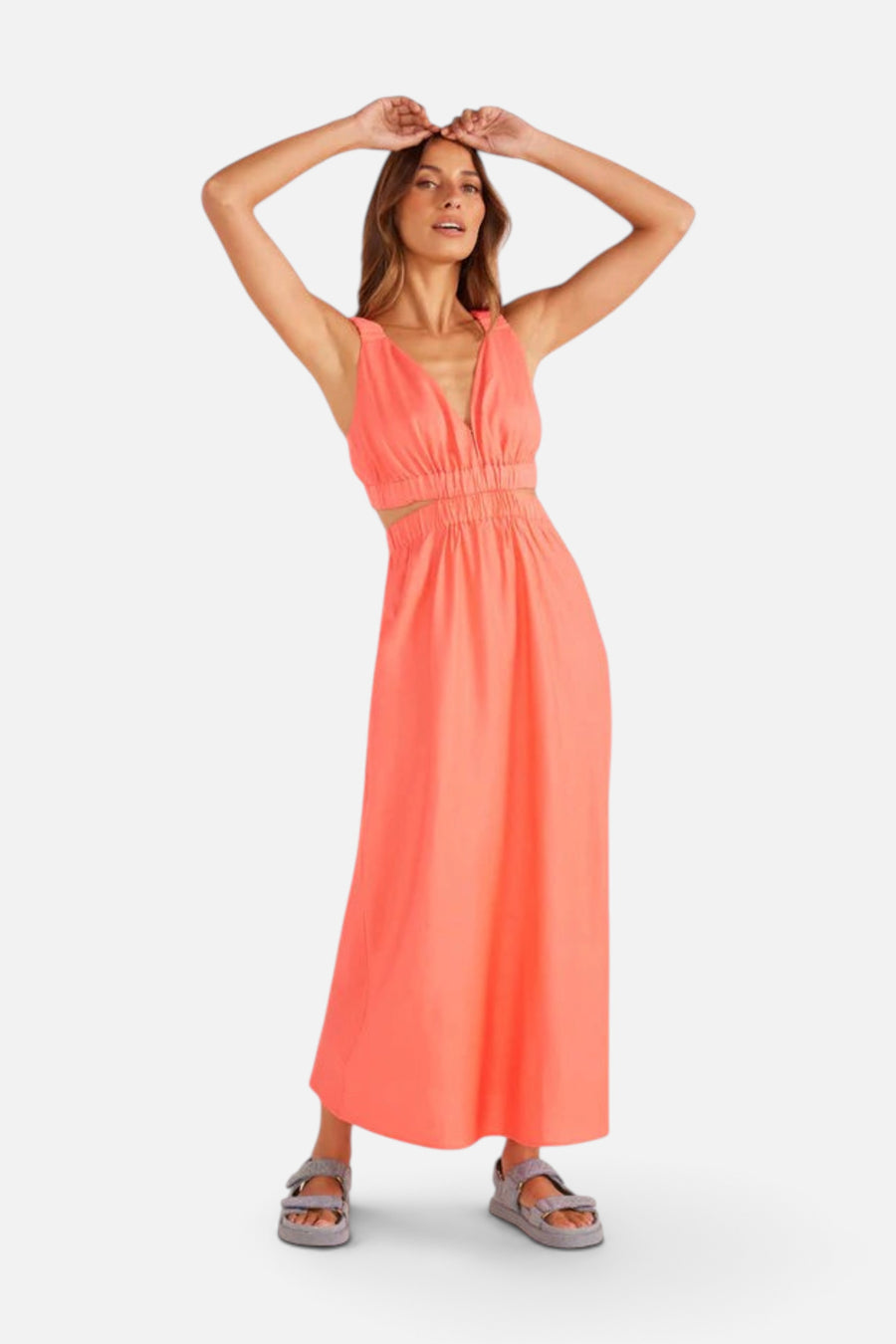 Minkpink Lila Linen Cut Out Midi Dress in Pink – side view