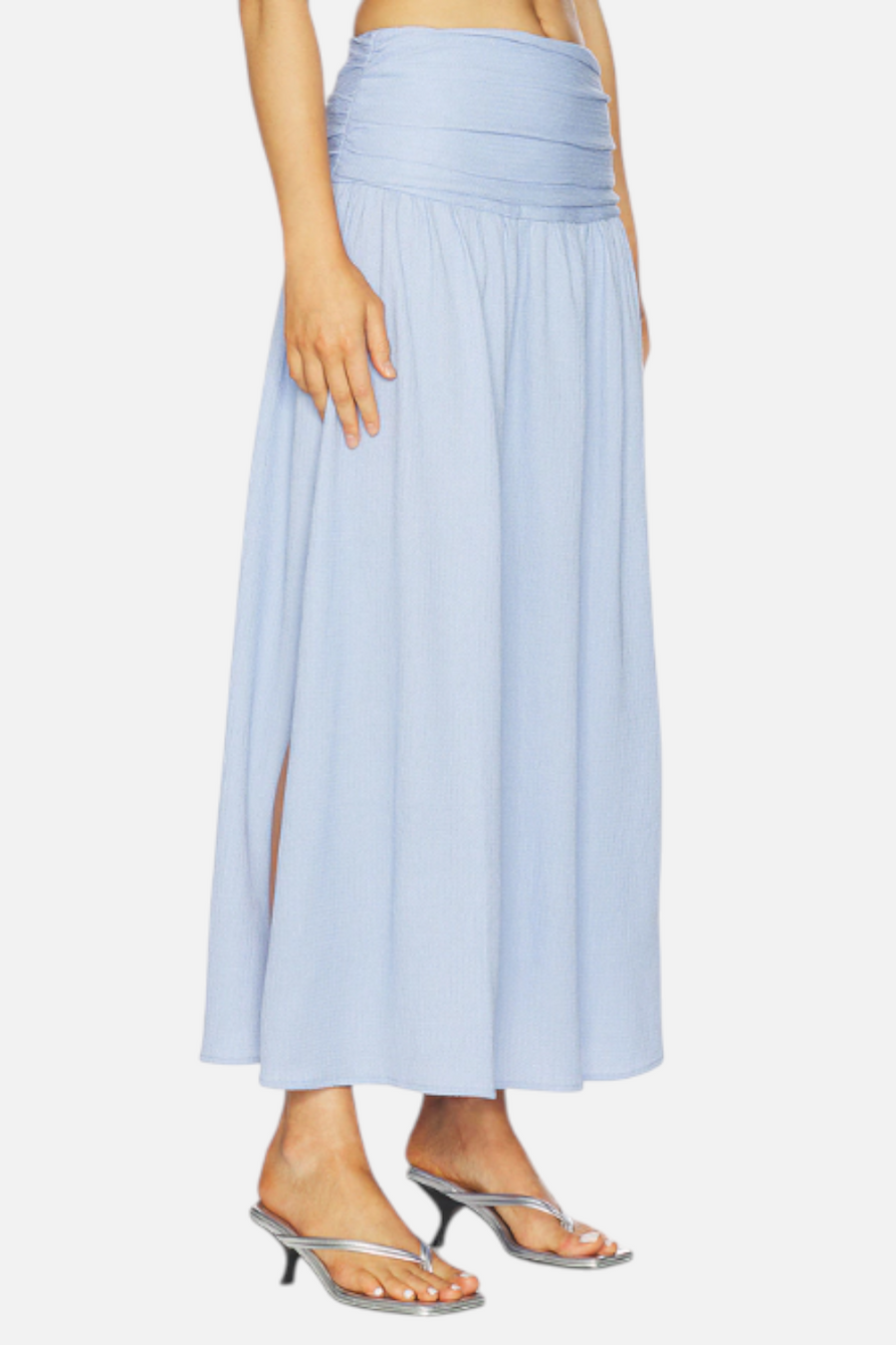 MINKPINK Luna Yoke Detail Maxi Skirt in Powder Blue – back view