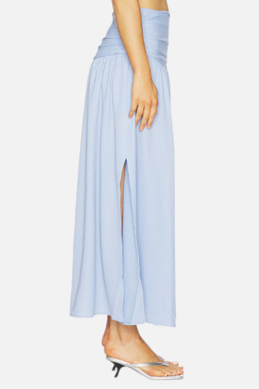 MINKPINK Luna Yoke Detail Maxi Skirt in Powder Blue – side view