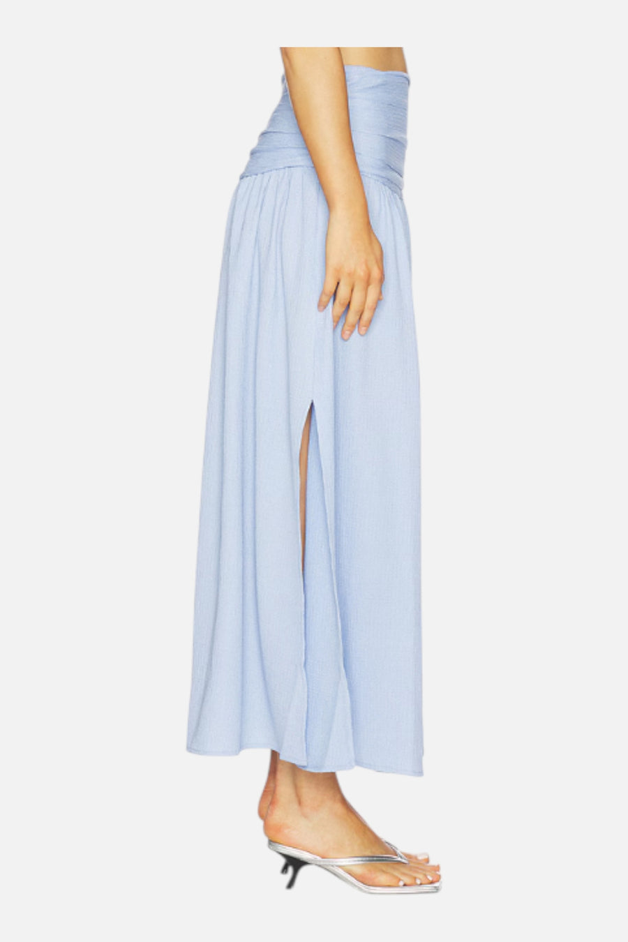 MINKPINK Luna Yoke Detail Maxi Skirt in Powder Blue – side view