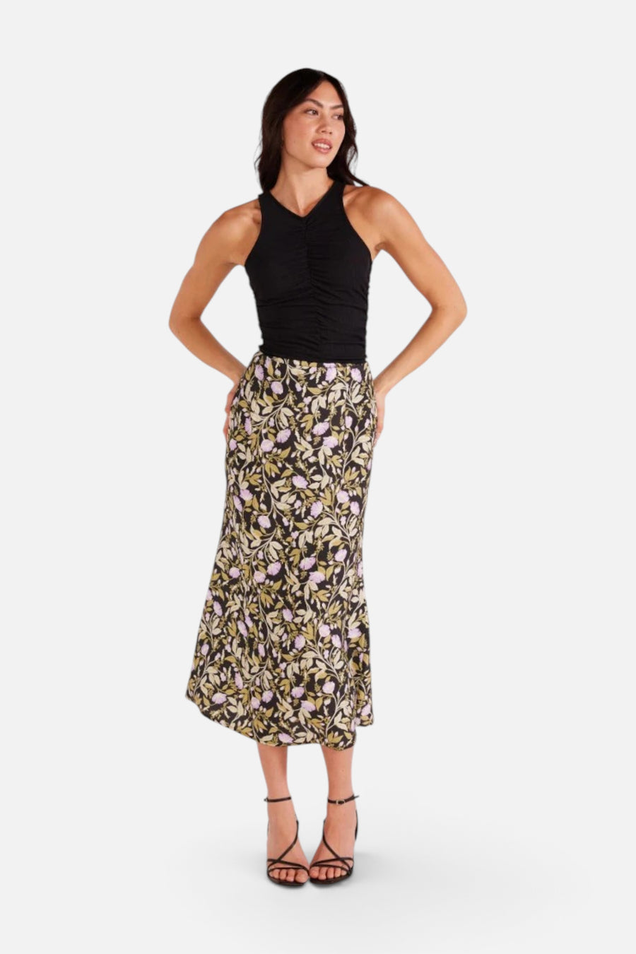 Minkpink Nocturne Bias Slip Midi Skirt in Lilac Floral – front view